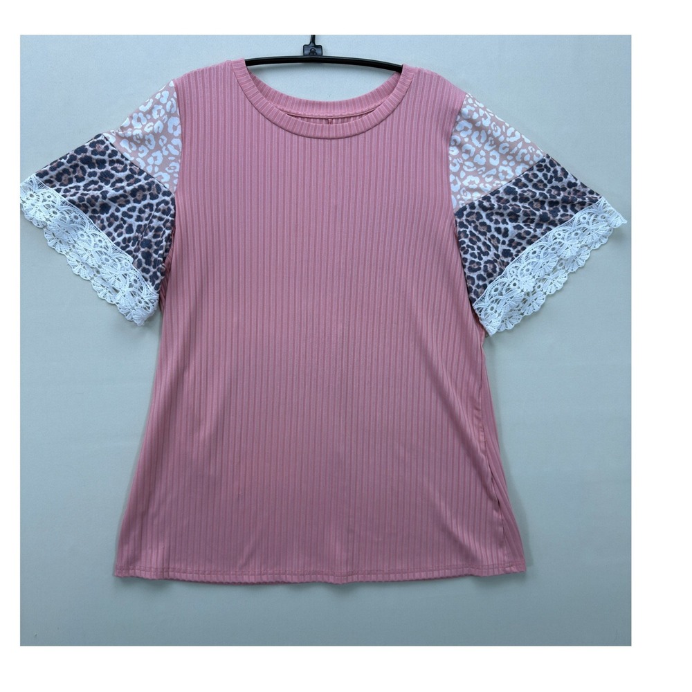 Unbranded Ribbed Top Womens 2XL Lace Trim Short Sleeve Pink Leopard Print Modern